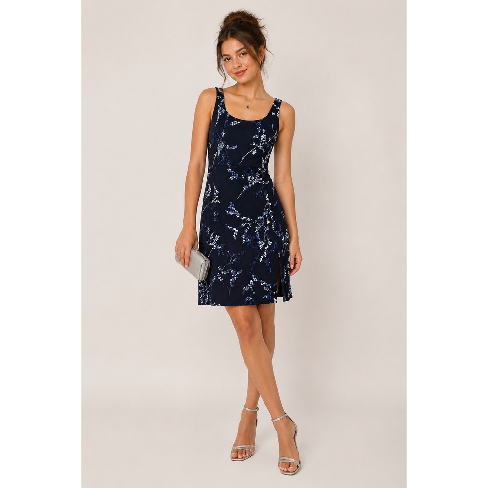 Vintage 90s Alyn Paige Navy Floral Empire Waist Midi Dress Made USA Size 8